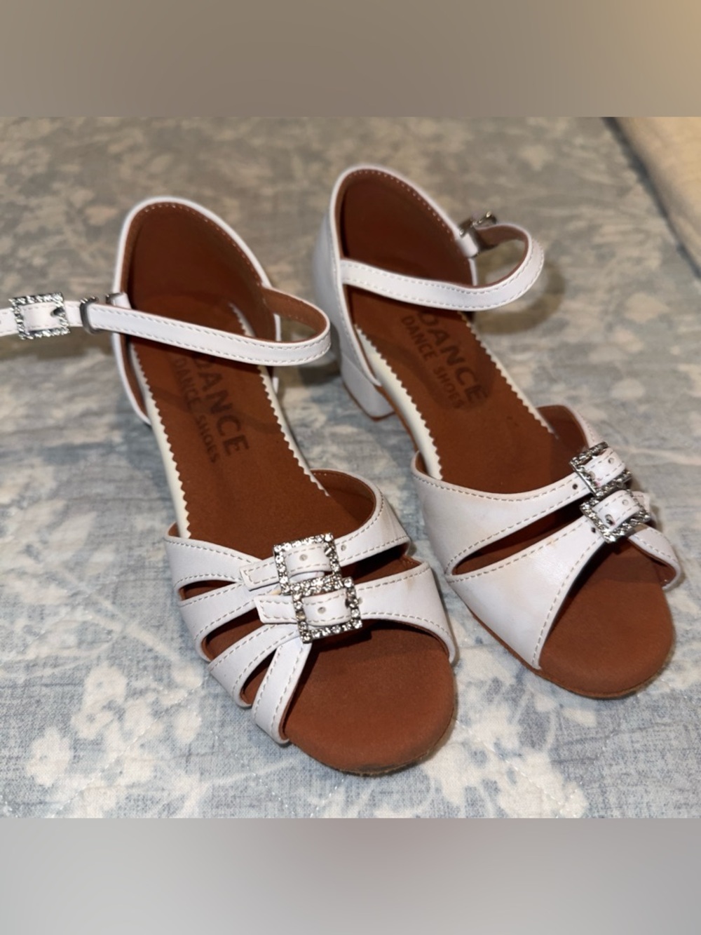 White Kids Dress Heels with Rhinestone Buckle